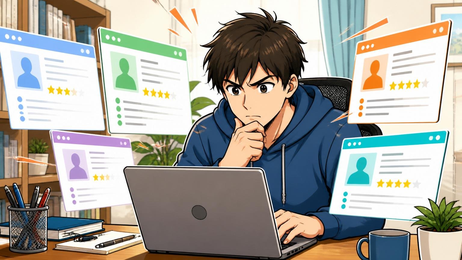 複数のIT特化型エージェントに登録して比較、自宅のデスクで複数のエージェントを比較、エンジニア1人、PCに集中する表情