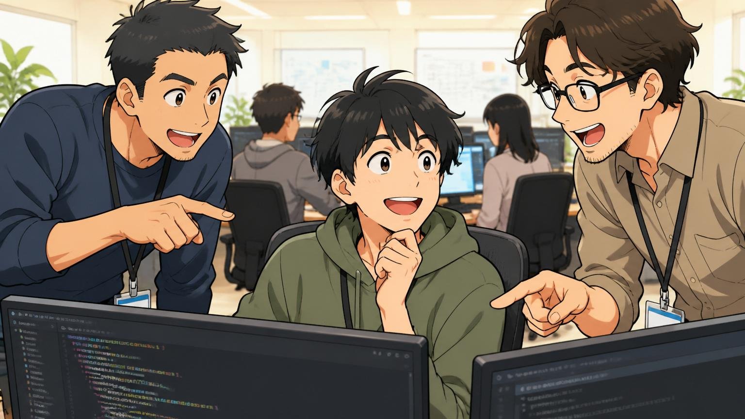 Web系スタートアップのオフィスで20代後半のエンジニアが先輩エンジニア2人にコードレビューを受けながら笑顔で頷く