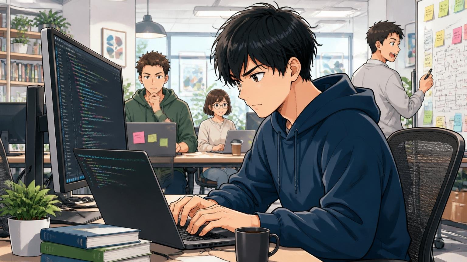 Web系スタートアップのオフィスでモダン技術のコードを書く20代後半のエンジニアの集中した表情, モダンな開発環境