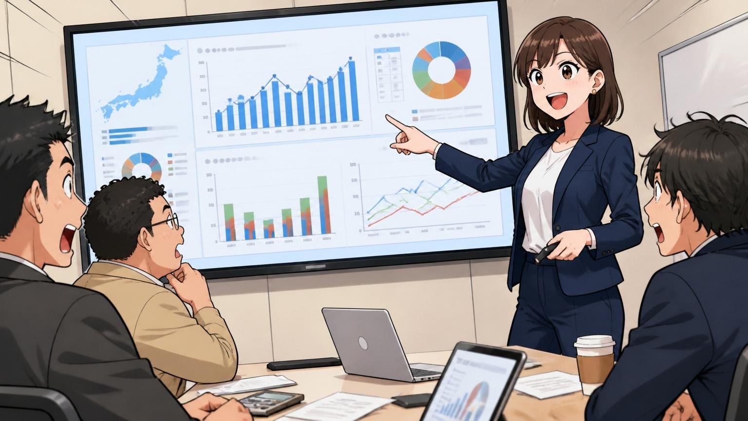 企業の会議室で経済産業省のデータが映ったスクリーンを指さして説明する30代女性アナリスト1名の場面