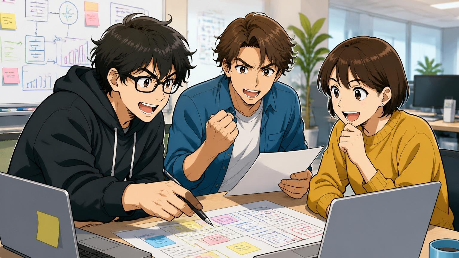 Web系SaaSオフィスで挑戦的な目をして新規プロジェクトの提案資料を作る20代後半エンジニア3名が前向きな表情
