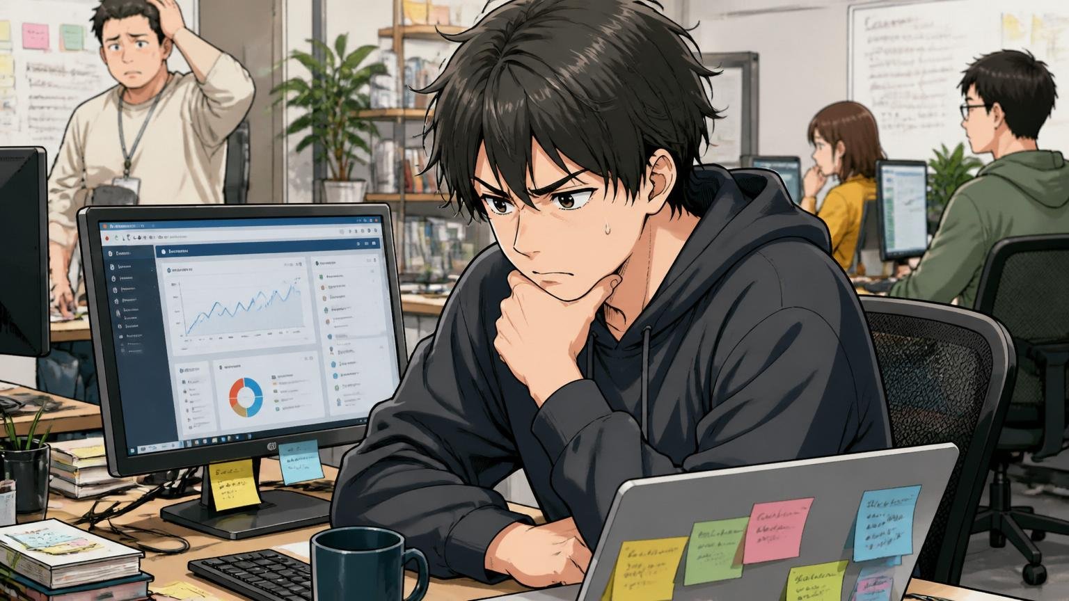 向いていない人（フルスタック×自社プロダクト）。Web系スタートアップのオフィスで自社プロダクトの画面を真剣に見つめる20代エンジニア