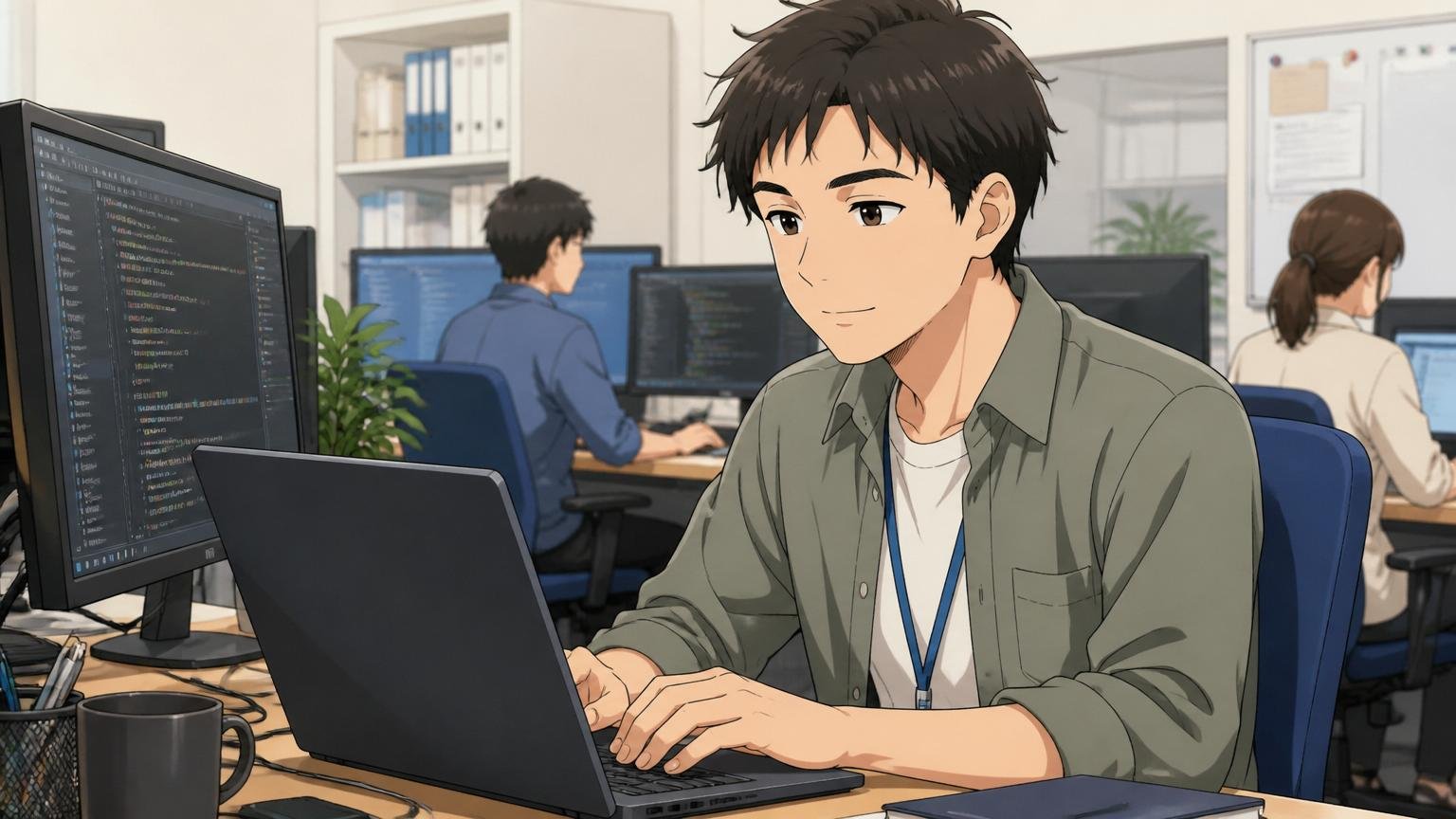 データアナリティクスラボに向いていないエンジニア。SIerの開発現場。男性1人。腰を据えた働き方を望む落ち着いた表情