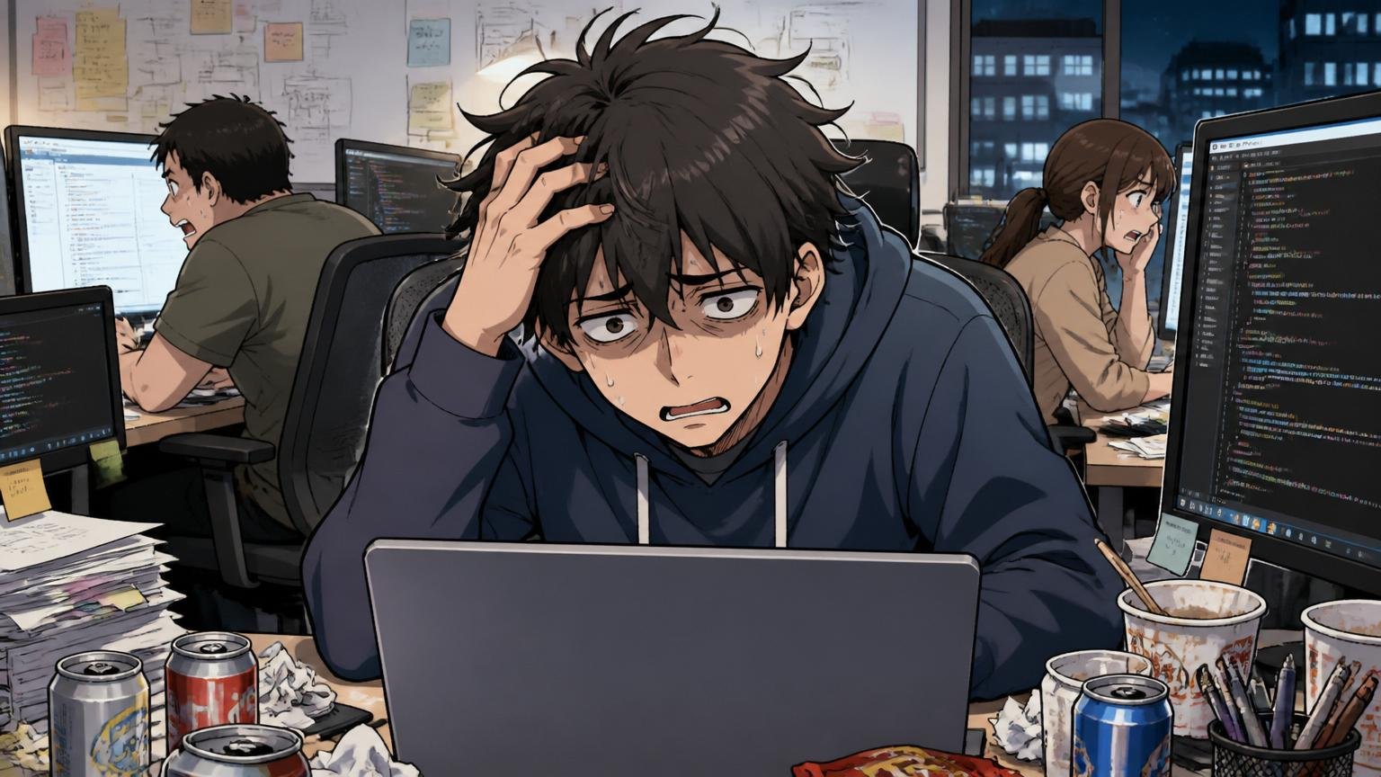 「年収を上げたい」だけで自社開発に飛びつく危険性。Web系スタートアップで深夜残業に追われるエンジニアの疲れた表情