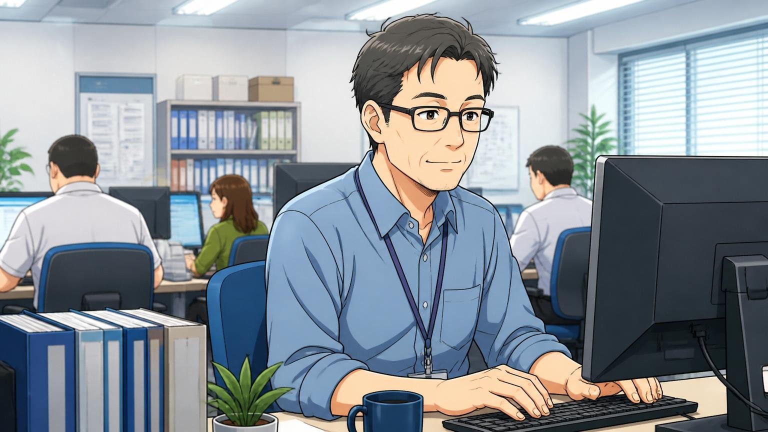 制度の手厚い大企業オフィスで安心して働く社員。SIerの開発現場、40代男性1人が落ち着いた表情で席で作業