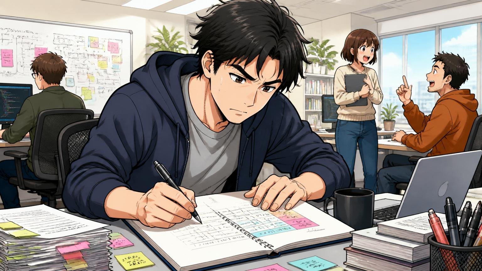 Web系スタートアップのオフィスでノートに複数の会社の比較表を書く30代男性エンジニア