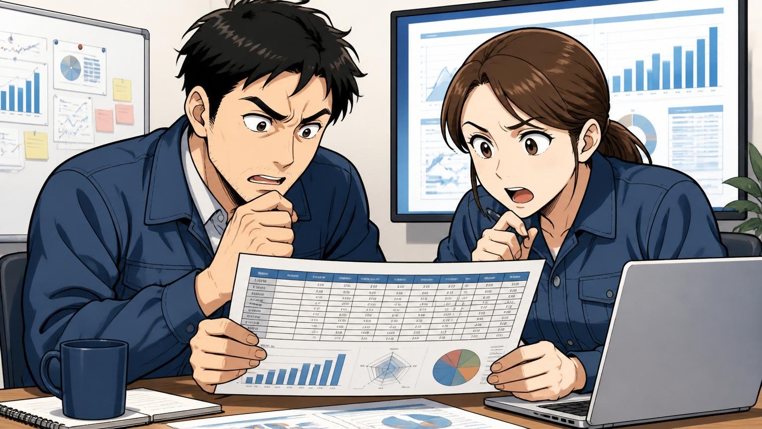 企業の会議室で業界平均比較表を真剣に確認する30代男女エンジニア2人
