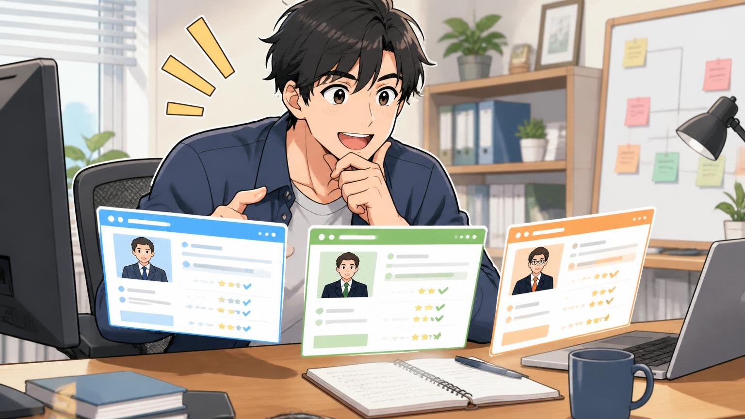 IT経験者向けの転職エージェント比較。Web系企業のデスクで男性1人、3社のサービスを比較しながら検討する前向きな表情