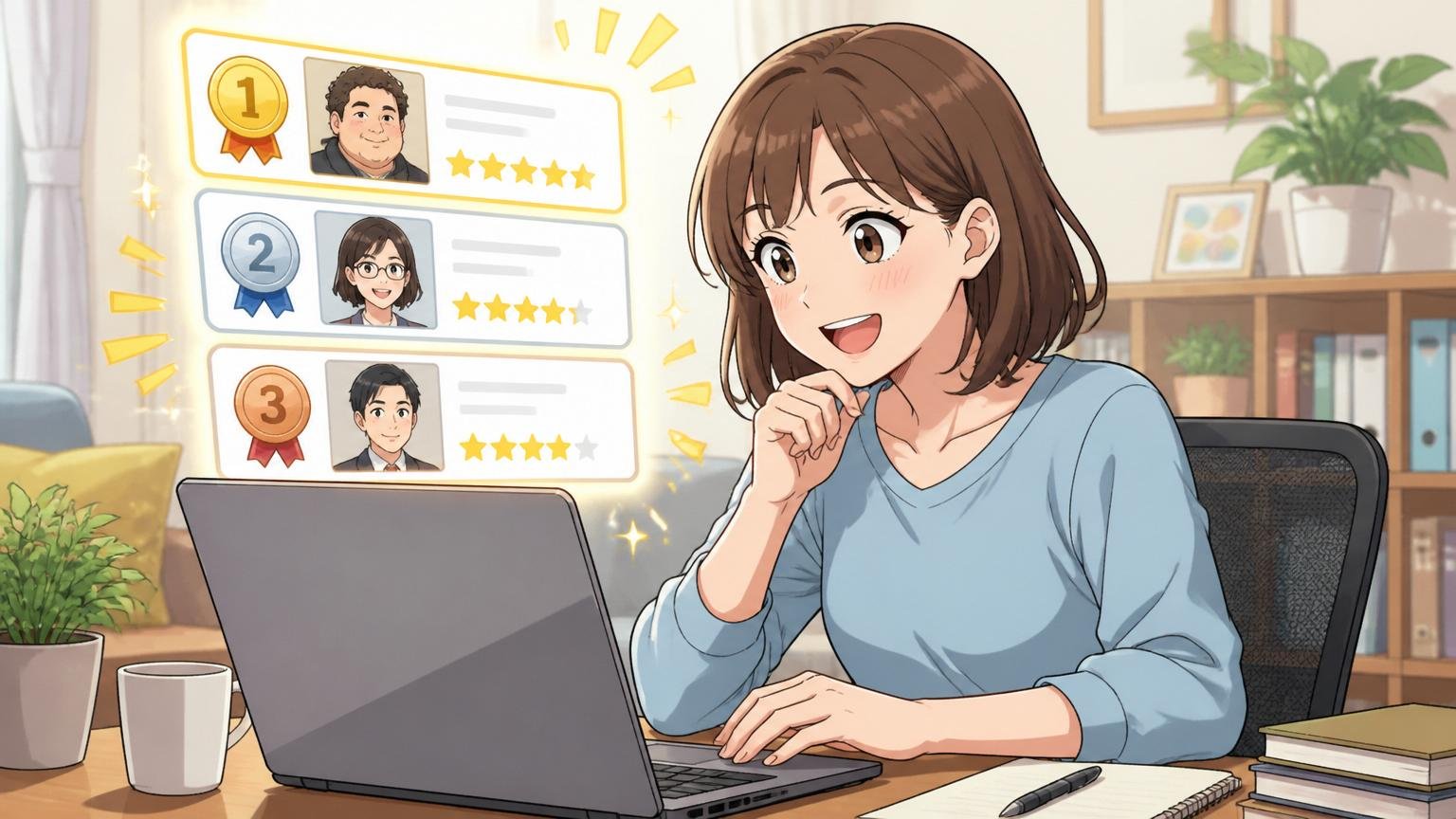 エージェントランキングで信頼できるサービスを選ぶ求職者/自宅のデスクで在宅勤務/30代女性1人/笑顔でノートPCを操作する