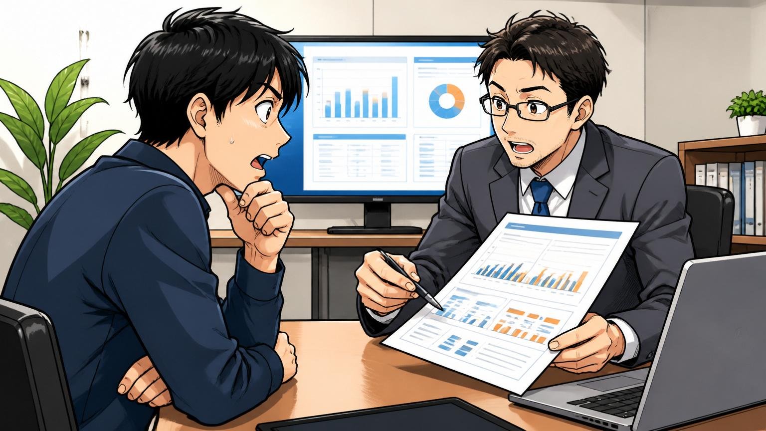 ステップ③自分の市場価値を客観的に把握する／IT特化型エージェントの面談ルーム／30代エンジニア1人とアドバイザー1人／オファー水準の資料を見ながら真剣に相談