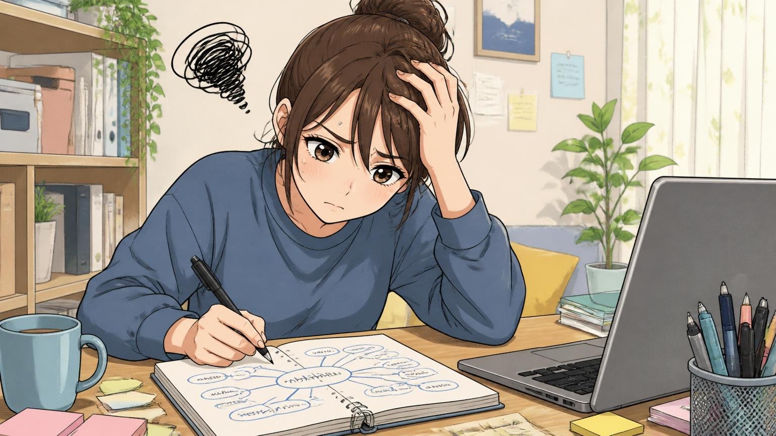 ノートに志向を書き出す転職検討者の自宅のデスクで在宅勤務、20代女性1人、頭を抱えて考え込む