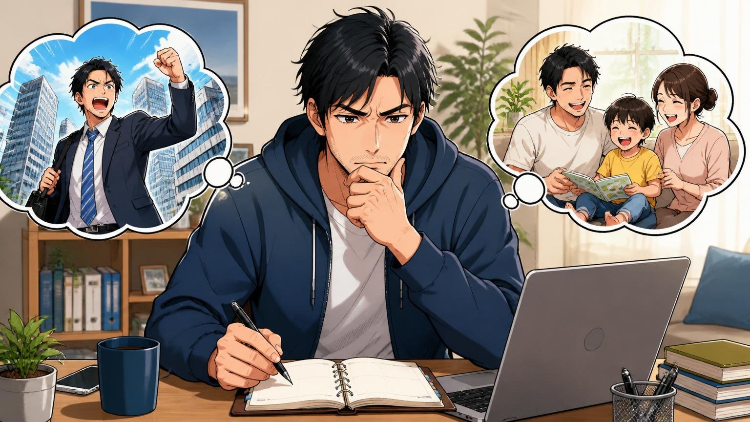 残るか動くかを判断するエンジニア。自宅のデスクで30代男性が手帳とPCを前に決断の表情を見せる
