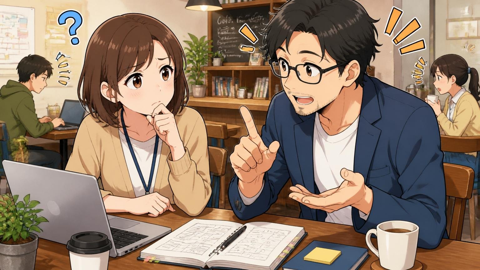 迷うグレーゾーンの人へ｜カフェで男性メンターが迷える女性中堅エンジニアに助言する様子