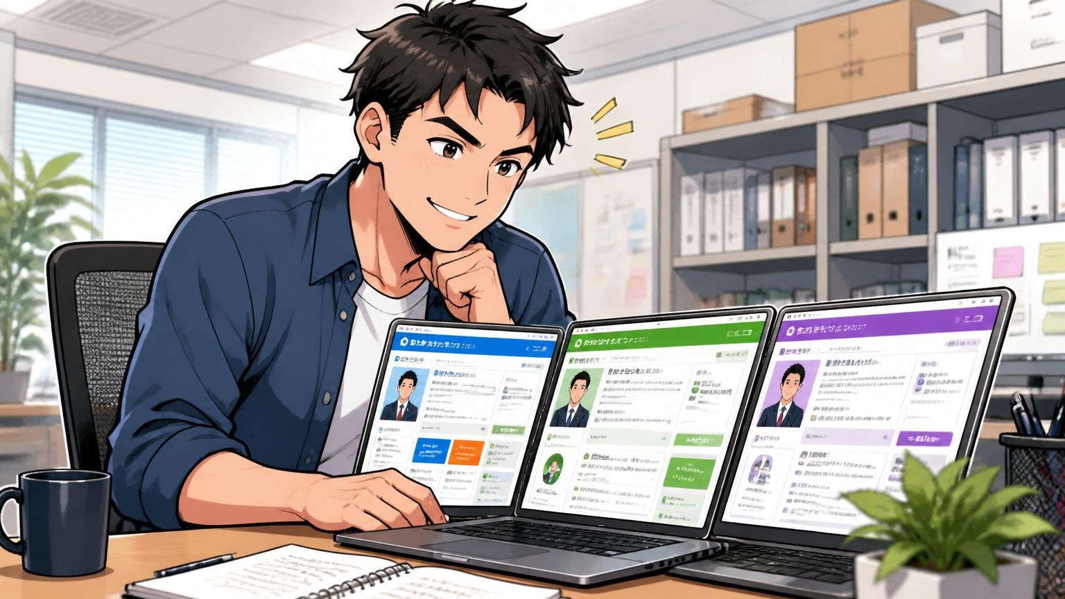 Web系企業のオフィスで30代男性エンジニアがパソコン前で複数の転職エージェントのサイトを比較しながら満足げに頷いている