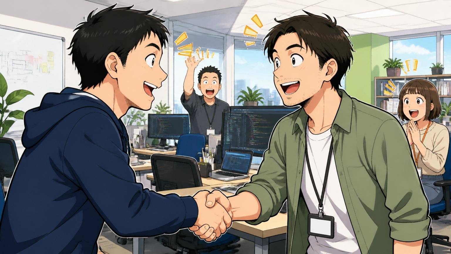Web系スタートアップのオフィスで30代エンジニアが新しい職場の同僚と笑顔で挨拶を交わしている