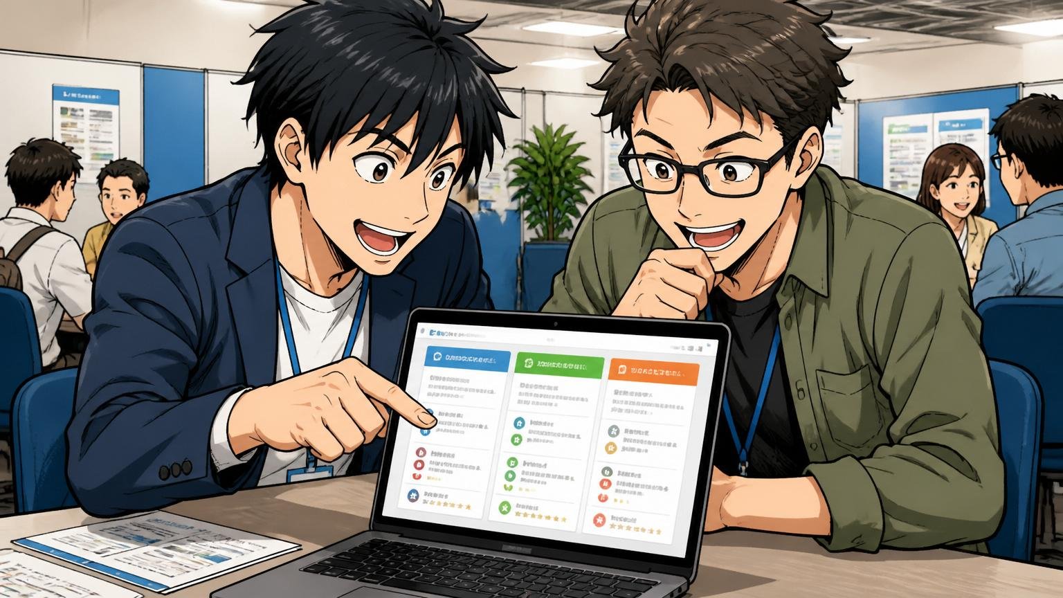 ステップ4〜5：IT特化型エージェントで他社比較とカジュアル面談で部署を直接確認。Web系のキャリア相談ブースで男性エージェントと男性エンジニアが画面で求人比較する場面