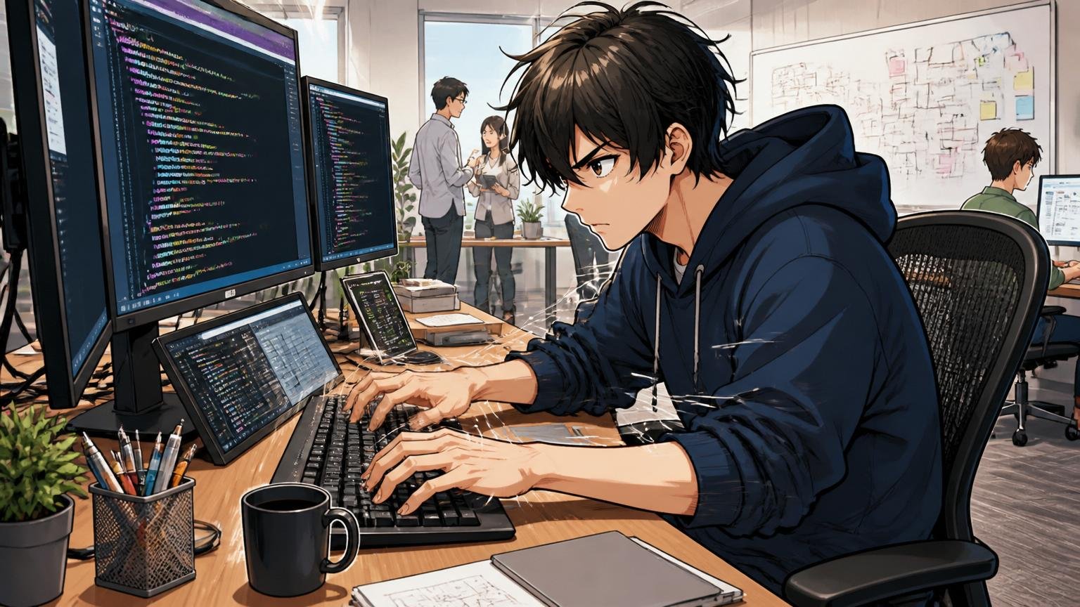 Web系スタートアップのオフィスで複数モニターに向かい高速タイピングする20代男性モダン技術志向エンジニア1人
