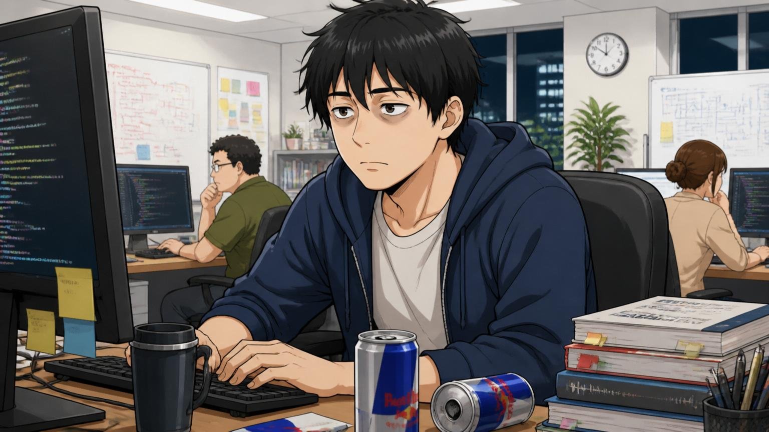 Web系スタートアップのオフィスで体力はありそうだが表情が虚ろなまま残業を続ける30代男性エンジニア