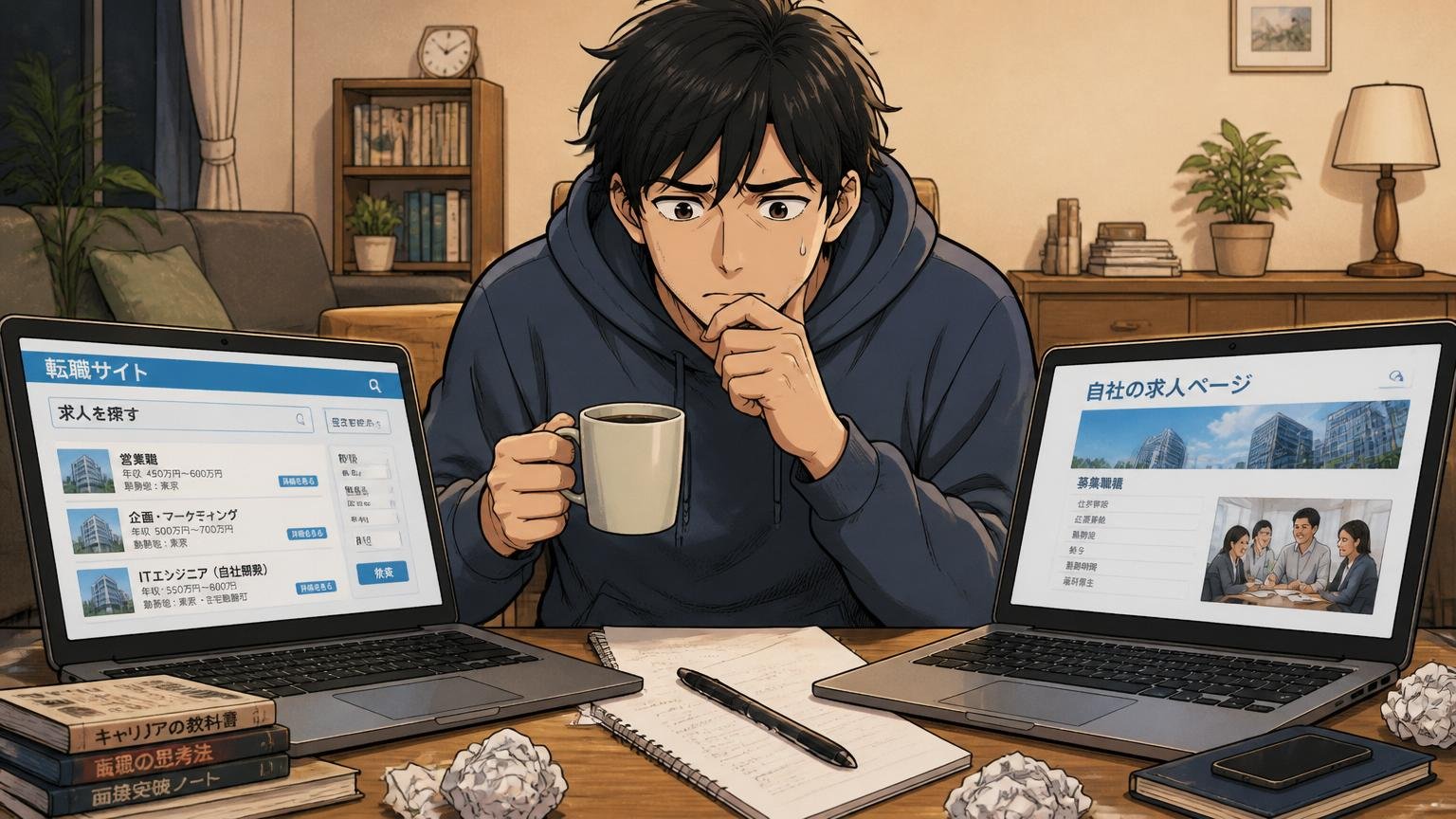 自宅のリビングで深夜に転職サイトと自社の求人ページを見比べて迷いながら静かにコーヒーを飲む30代男性