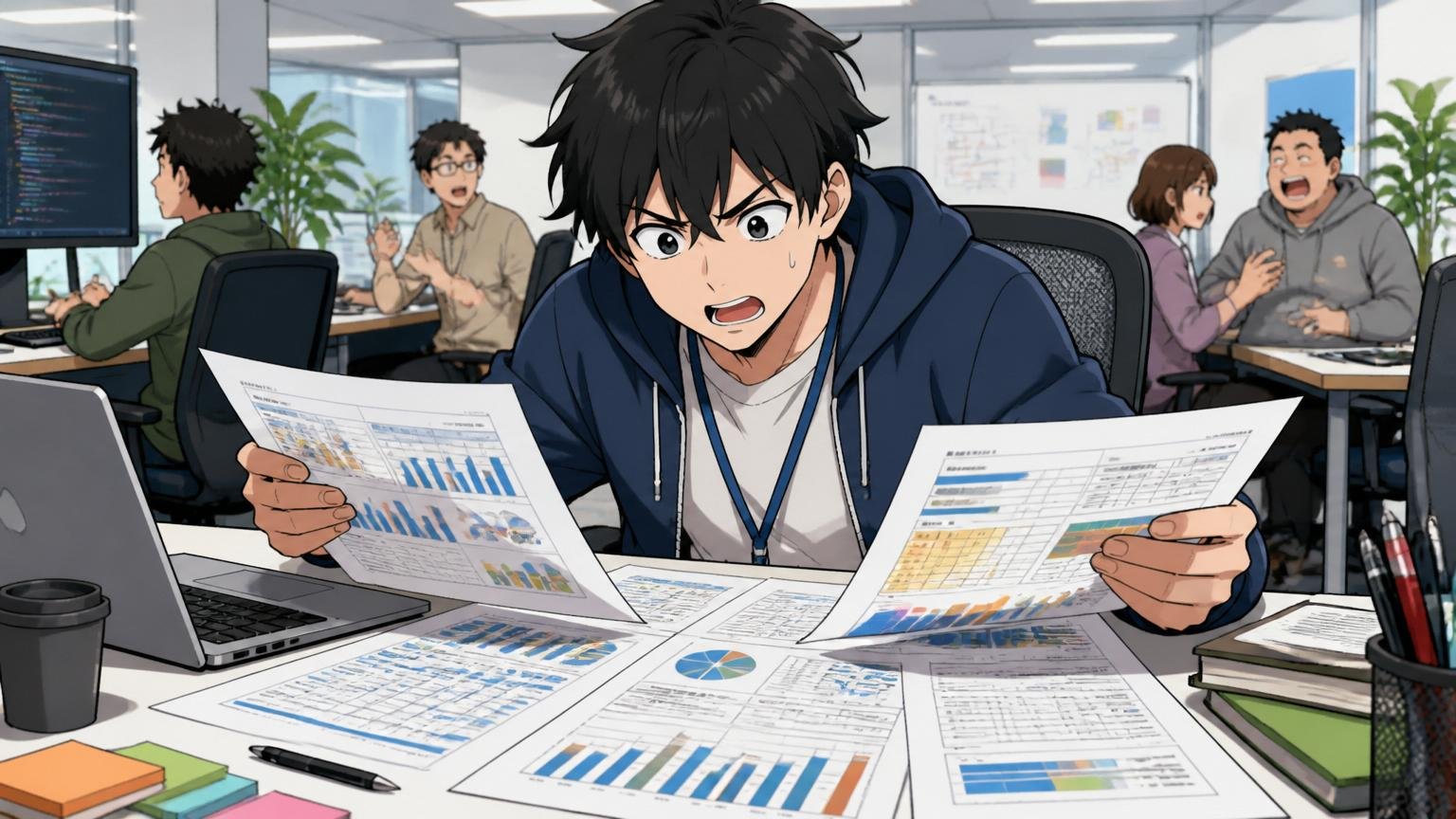 Web系メガベンチャーのオフィスで複数社の比較資料を机に広げて検討する30代エンジニア