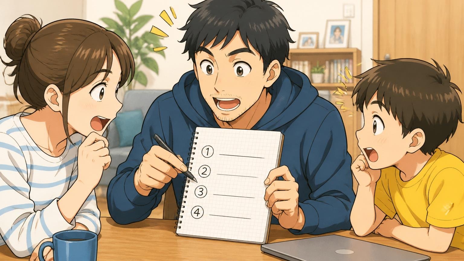 自宅のリビングで30代男性エンジニアがノートに4つの選択肢を書き出して家族と相談する