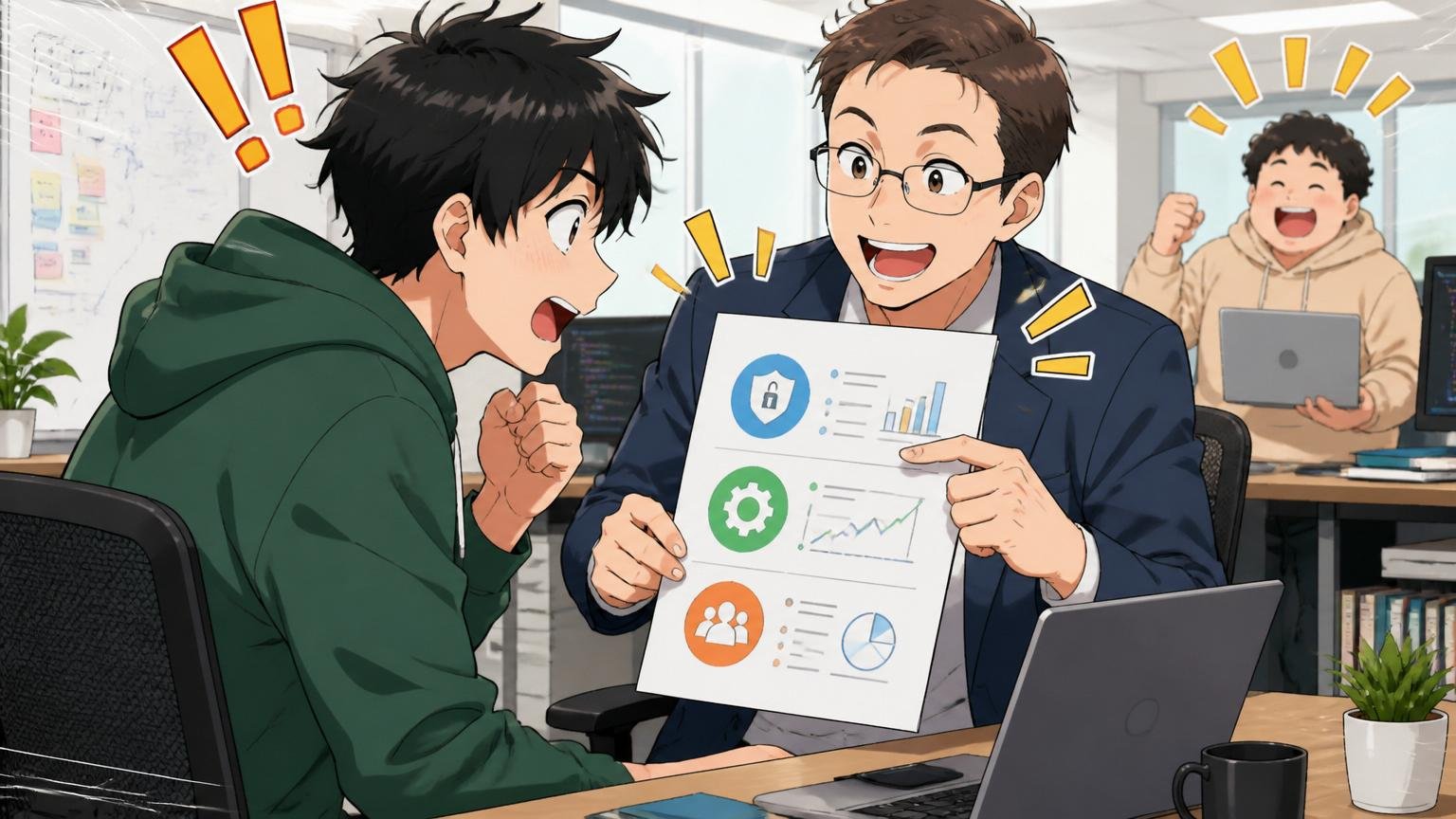 IT特化型エージェントを使うべき3つの理由を説明する場面、Web系スタートアップのオフィスでアドバイザーがエンジニアに資料を見せて解説