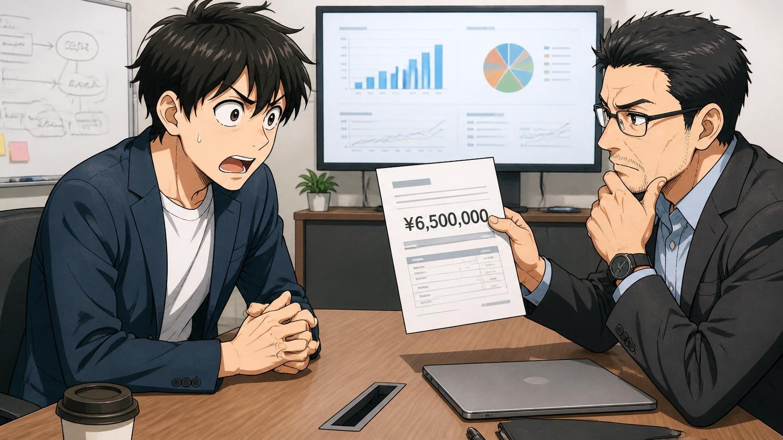 年収交渉をせずオファーを受ける失敗。Web系スタートアップの会議室で男性社員1人と男性面接官1人がオファー金額について真剣に話し合っている