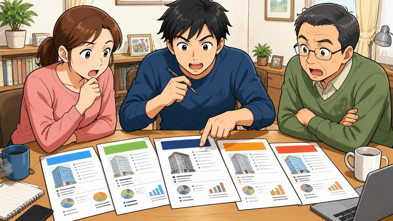 NEC通信システムと他社オファーを並べて意思決定。自宅のデスクで複数社のオファー票を広げて家族と話し合うエンジニアの場面
