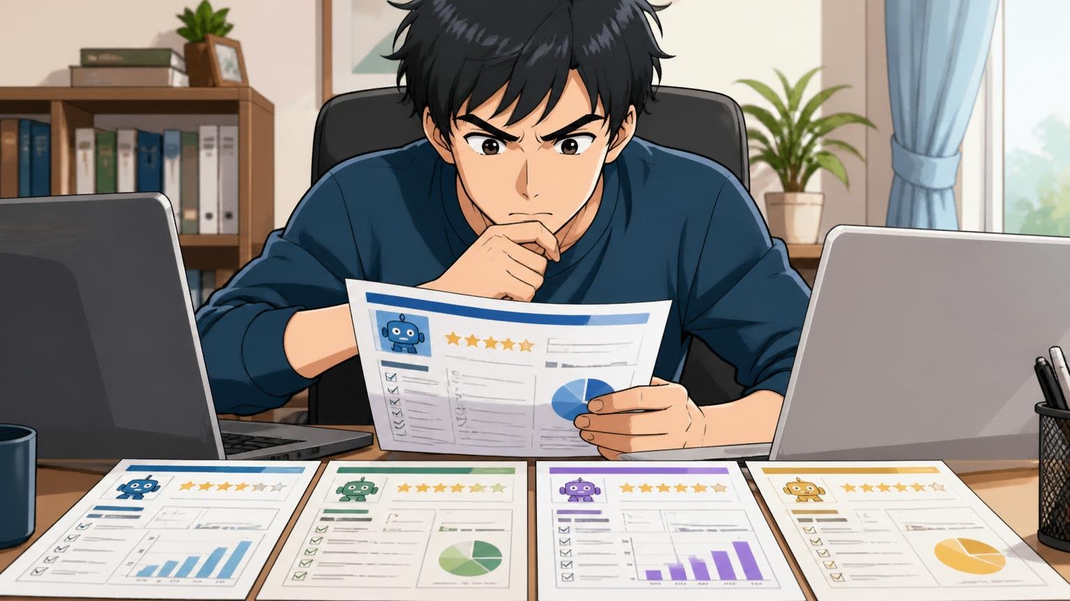 IT特化型エージェントを複数社使って比較する 自宅のデスクで複数のエージェントの資料を比較する男性エンジニア1人 集中した表情