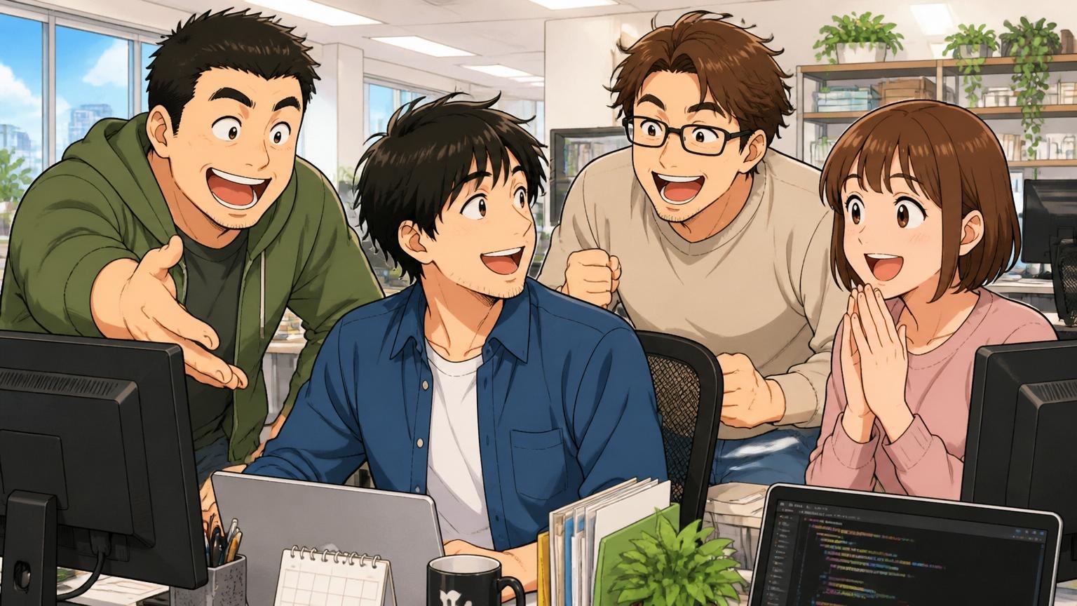 Web系自社開発企業の明るいオフィスで、転職してきた30代エンジニア1人が新しい同僚3人と笑顔でデスクを並べている