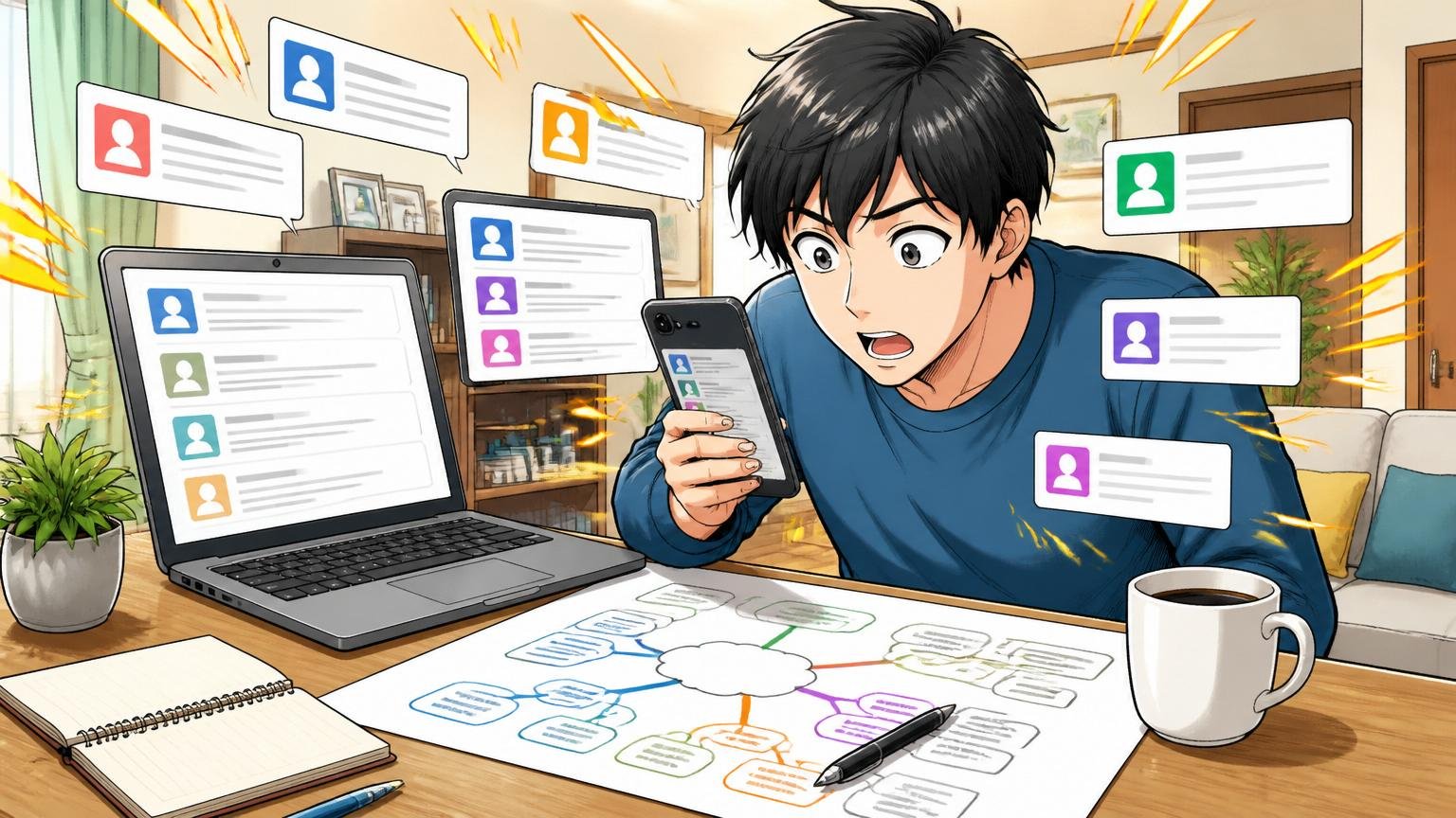 自宅のリビングで30代男性が複数のエージェントから届くスカウトメールを並べてスマホとPCで比較検討している、テーブルにマインドマップ
