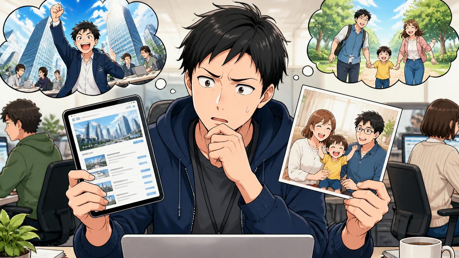 両方欲しいタイプの判断軸を考える場面、Web系メガベンチャーのオフィスで30代エンジニアが転職サイトと家族の写真を見比べて葛藤