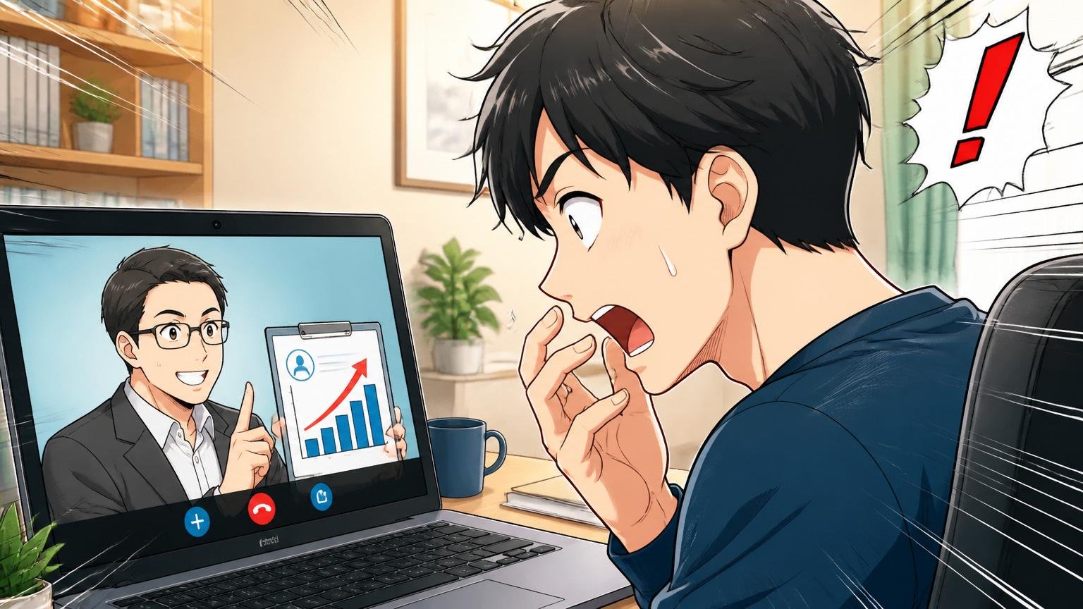 オンライン無料相談中の30代男性エンジニアが画面越しにアドバイザーから市場価値を聞き驚いた表情を浮かべる場面