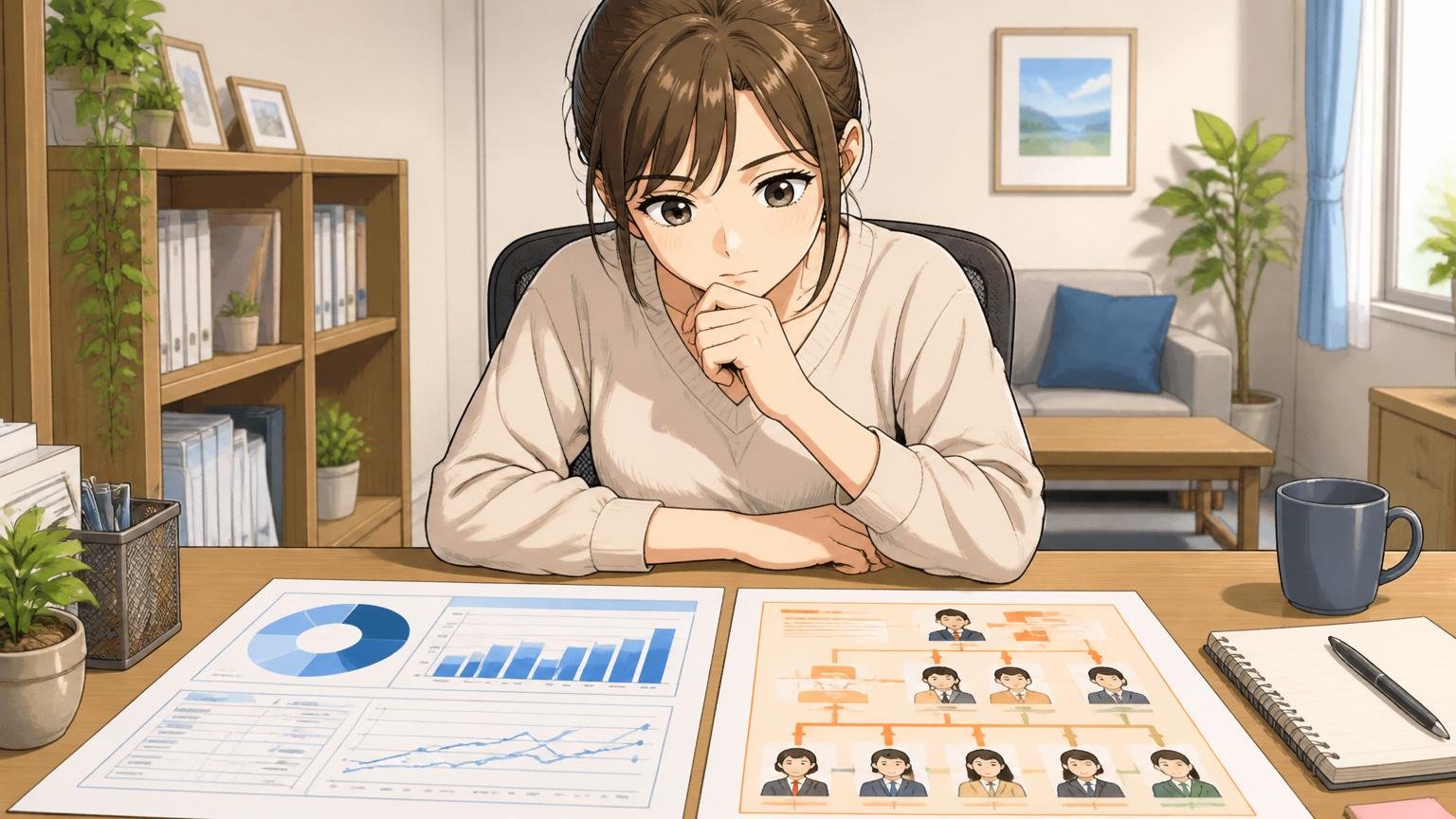 自宅のデスクで市場価値の資料と社内のキャリアパス資料を並べて落ち着いて比較する30代女性1人