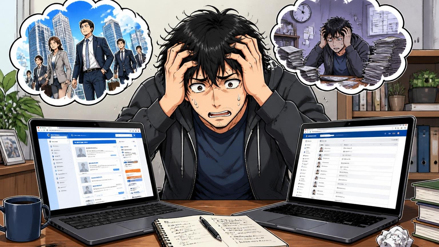 自宅のデスクで決断できず転職サイトと社内システムを交互に開いて頭を抱える30代男性エンジニア1人