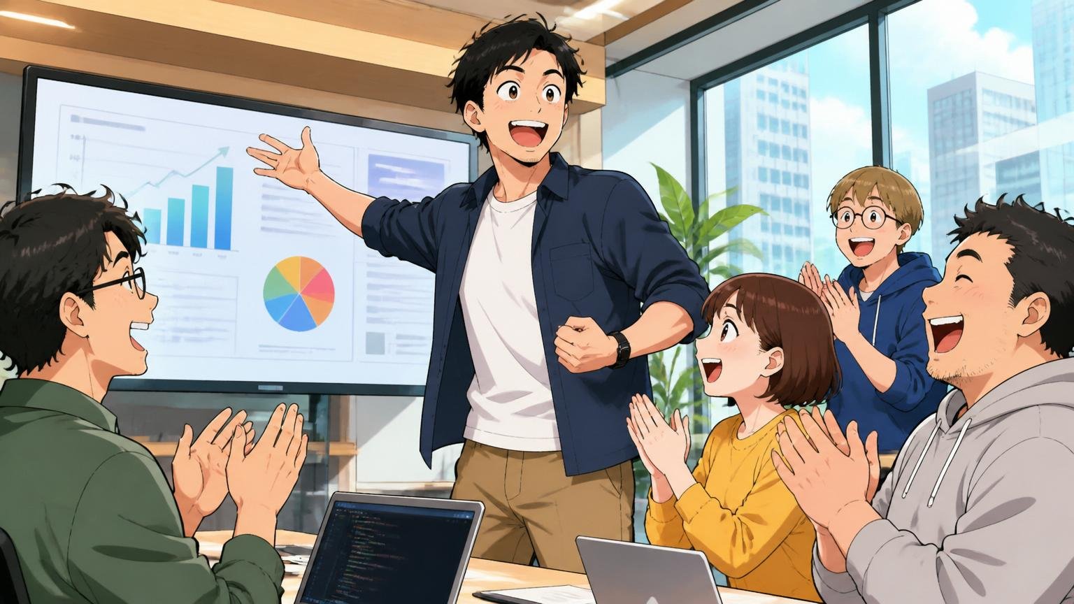 年収だけでなく評価軸が変わる 渋谷の自社開発企業のミーティングスペースで成果発表する30代男性エンジニアと拍手するチーム