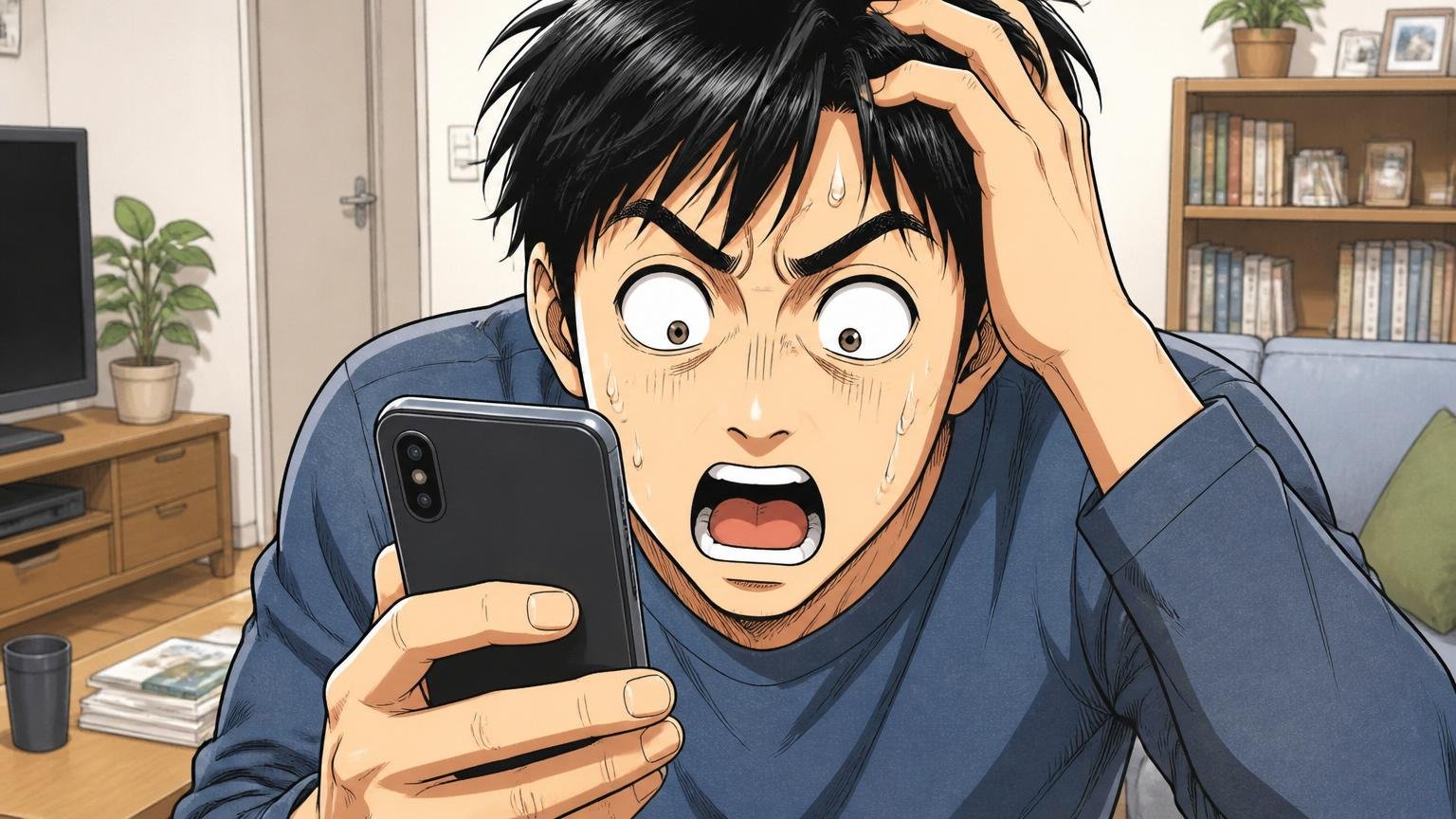 市場価値の勘違いに気づく、自宅で30代男性、スマホ画面を見て目を見開く