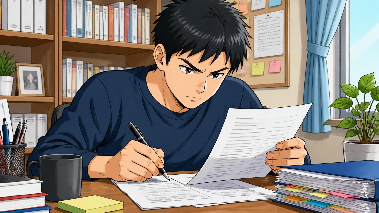 職務経歴書は解決したことで書く。自宅のデスクで職務経歴書を書き直す集中した表情の男性