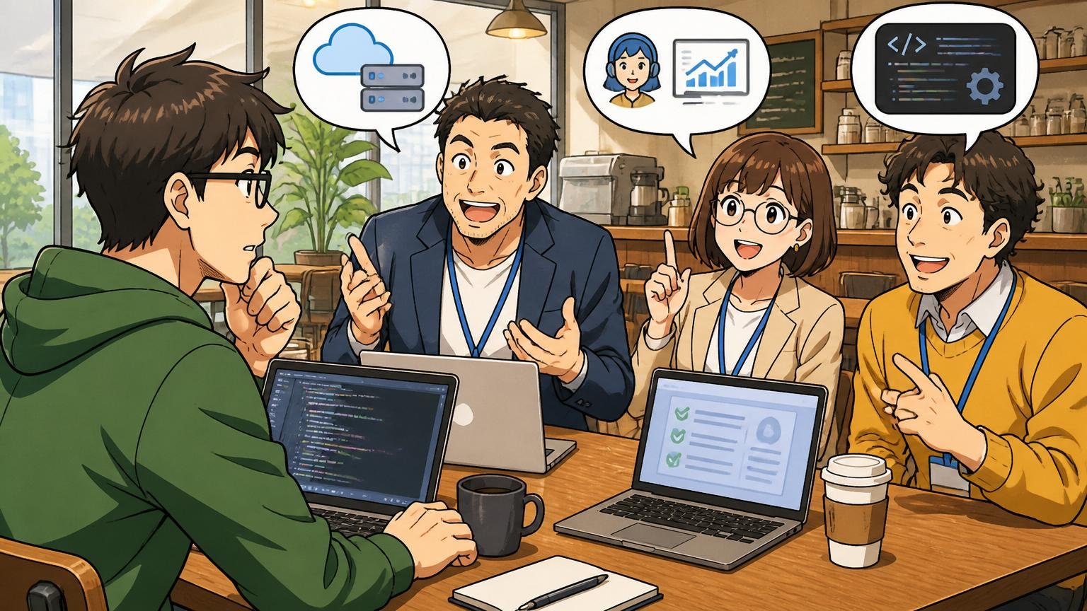 ステップ3IT特化型エージェントを複数比較。カフェで男性エンジニアが複数の担当者と面談する様子