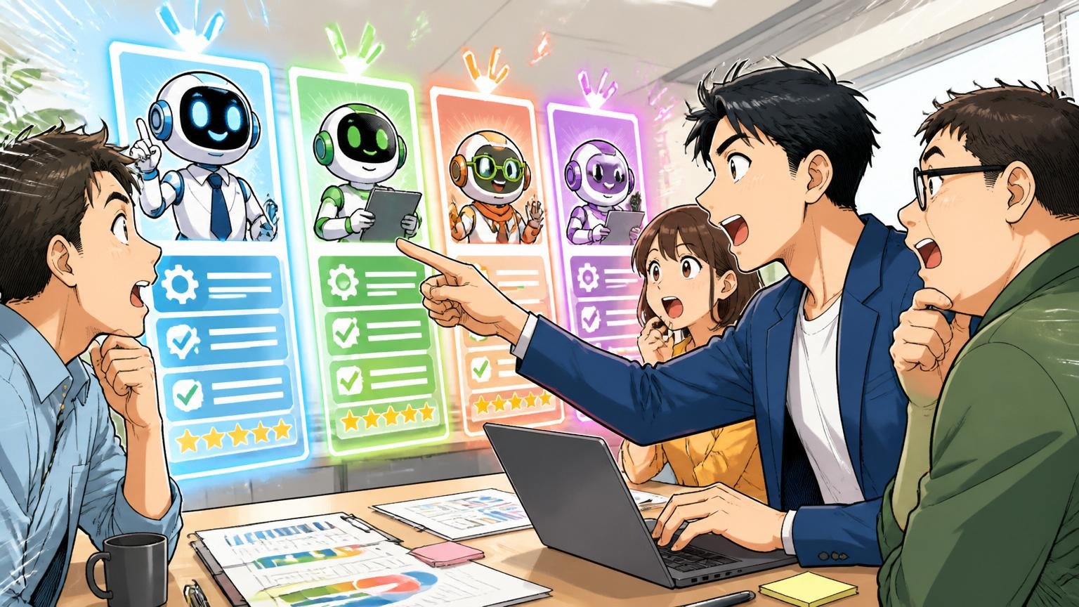 IT特化型エージェントを軸に複数を比較する。オフィスで男性が複数の担当者と話し比較する