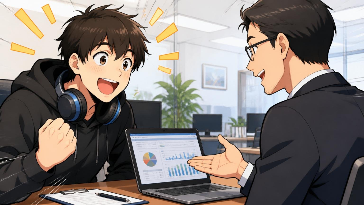 IT専門の転職エージェントのオフィスでゲーム出身エンジニアが自分の市場価値を聞き表情が明るくなる