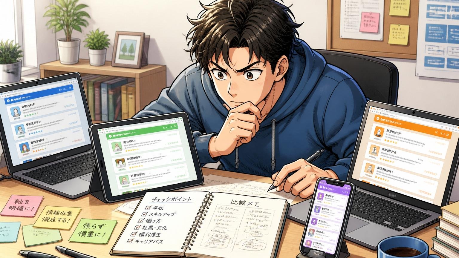 自宅のデスクで複数の転職サービスや情報源を並べて比較検討する慎重な様子のエンジニア1人