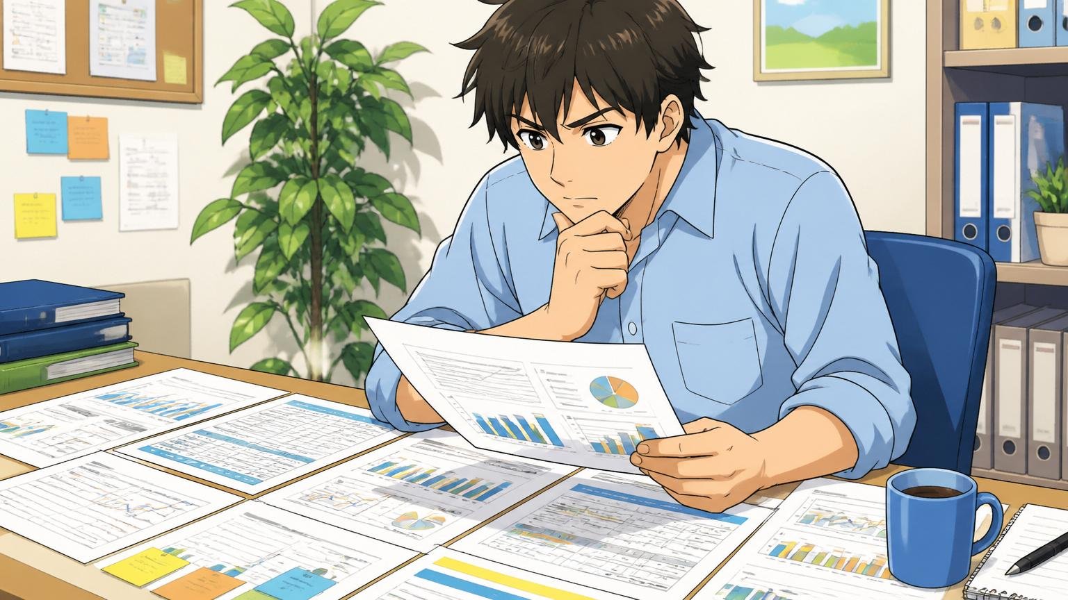 ステップ3――複数の物差しで比べて、自分のタイミングで決める。机に並べた資料を見比べ落ち着いて考える社員