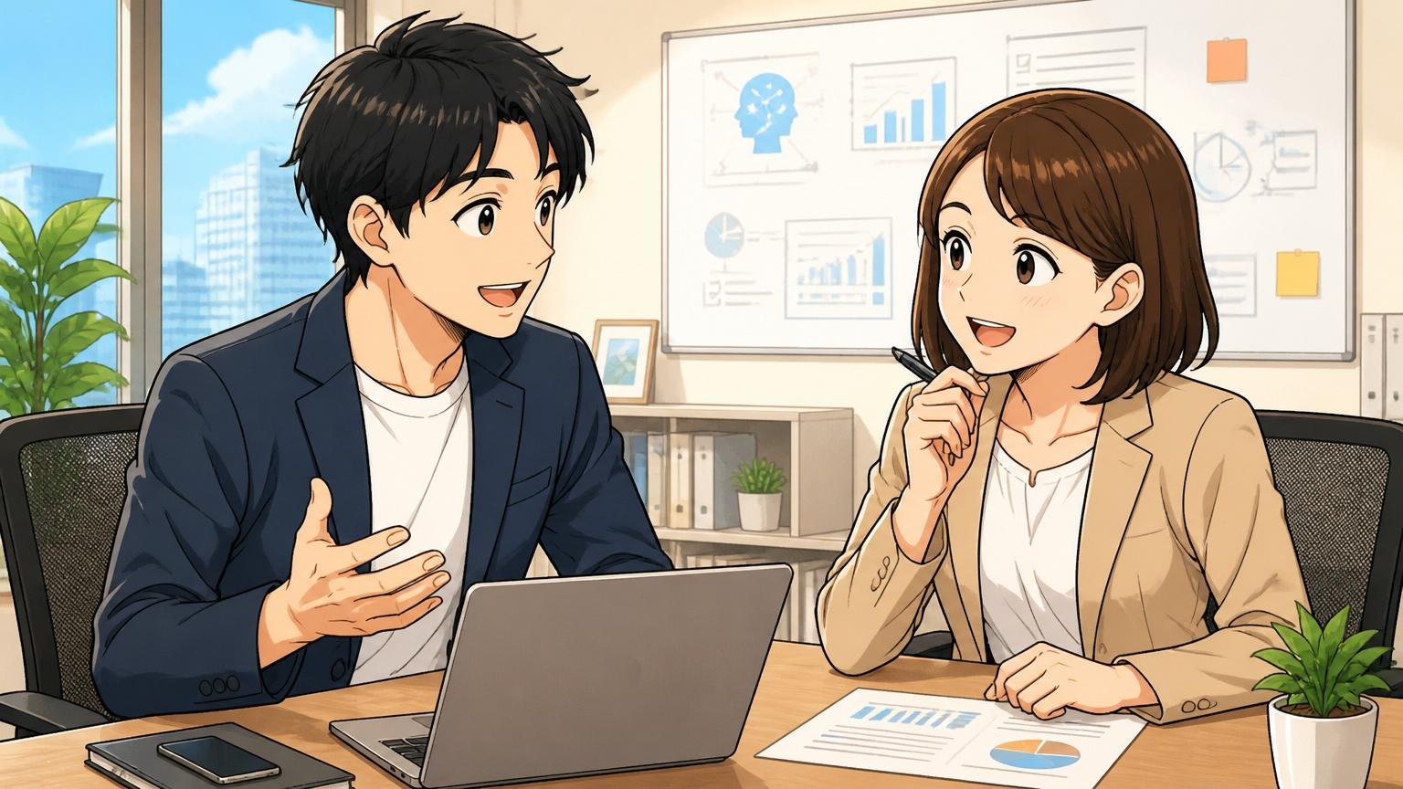 市場価値を正しく測るIT特化型エージェントの使い方 オフィスでキャリア相談を受け前向きな表情の男女2人