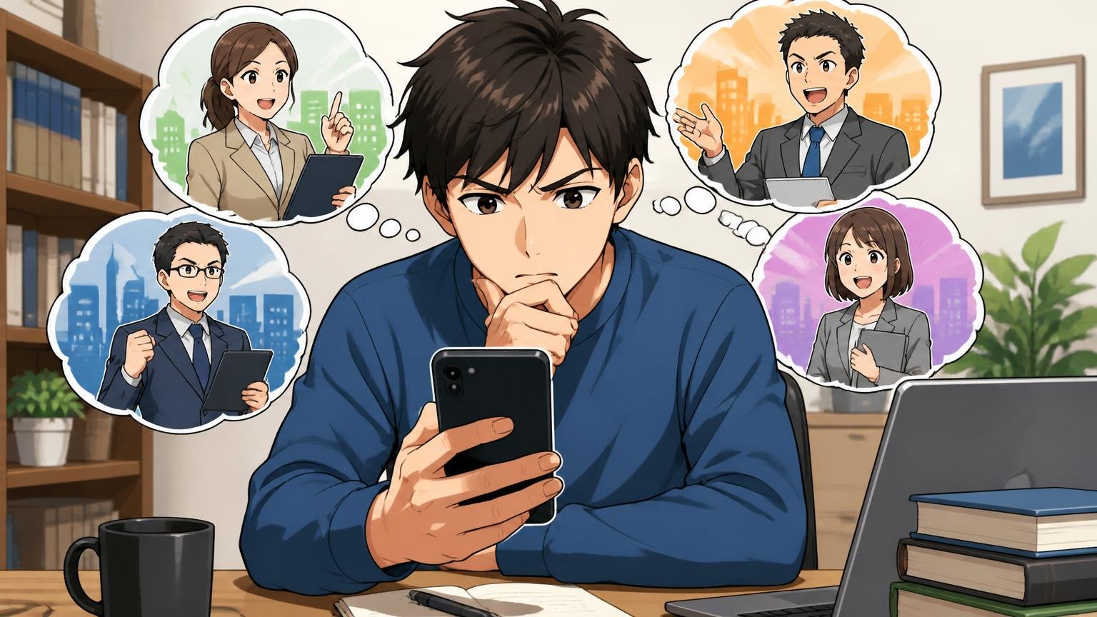 経験者向けIT特化型転職エージェントを比較検討する。自宅のデスクで男性がスマホでエージェントを比較する様子