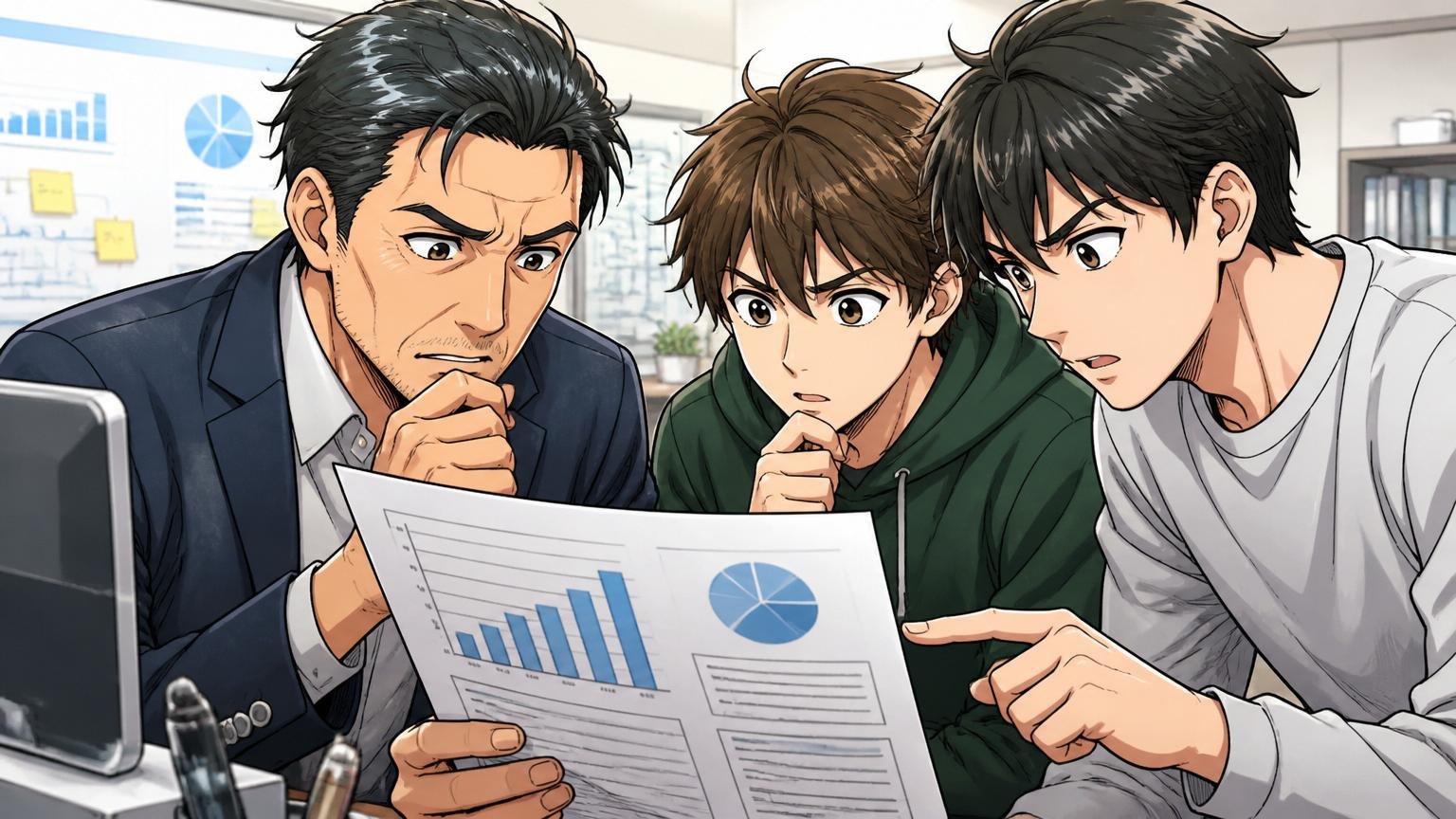 焦らなくていいでも情報収集は早いほうがいい理由｜IT人材不足の資料を見る40代男性と20代男性エンジニア2人、真剣な表情