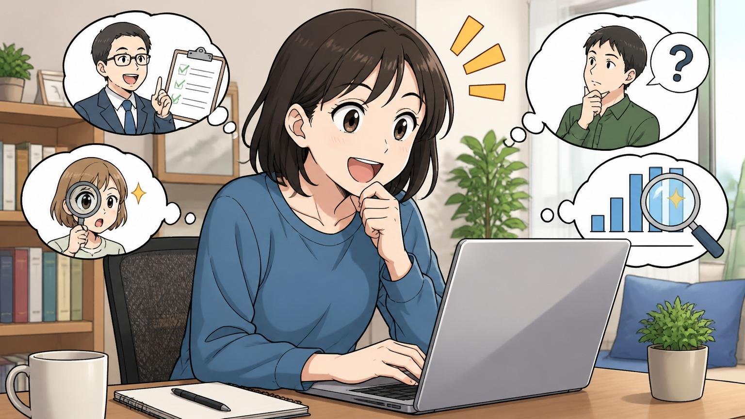 情報収集だけでも十分に価値がある。自宅のデスクでノートPCを開き無料相談を検討する30代女性エンジニア