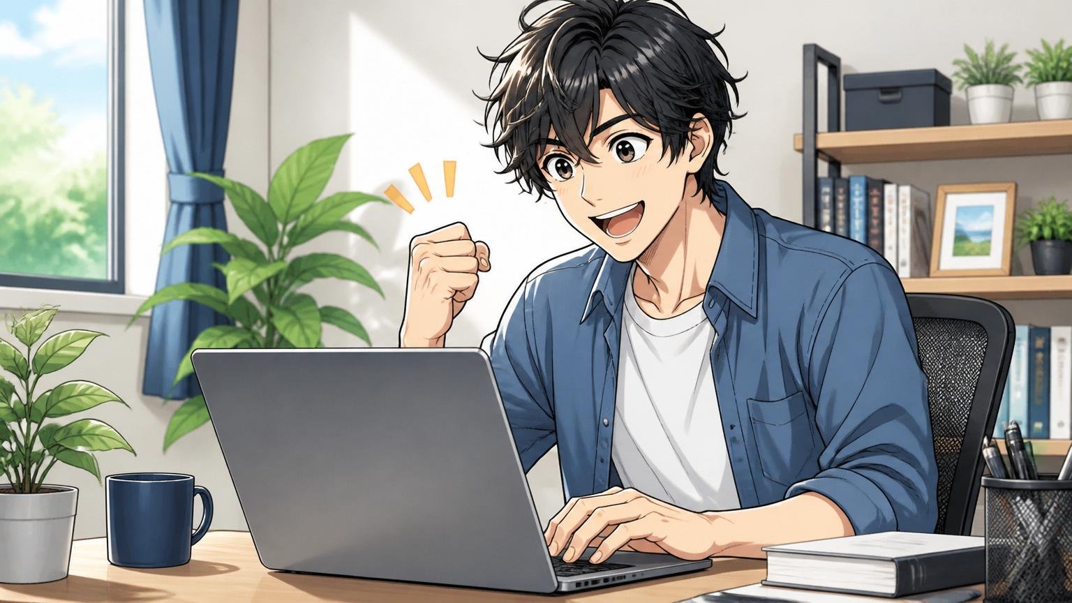 市場価値を知る手軽でリスクのない方法。自宅のデスクでノートPCを開き前向きな表情の男性エンジニア1人
