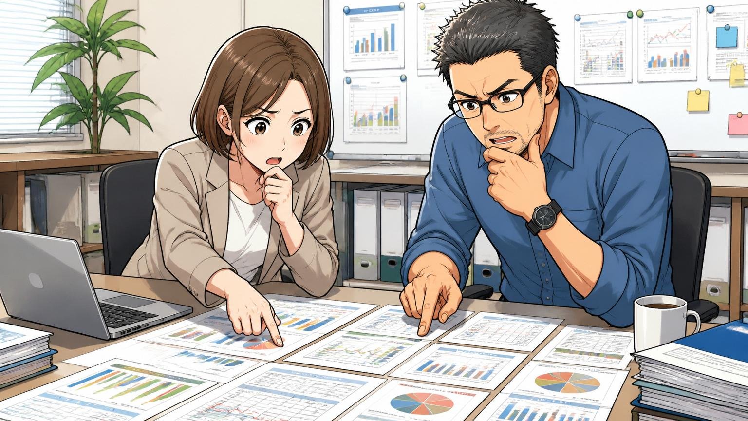 エージェントは複数を比較する。オフィスで30代女性と40代男性エンジニアが複数の資料を並べて検討する