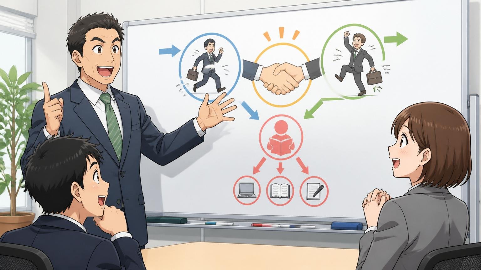 企業の会議室でホワイトボードを使い残る人も転職する人も同じ準備が必要だと説明するメンターと納得して頷く若手社員2人